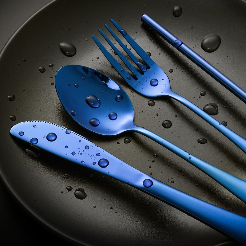 Boulder Bee | Travel Utensils Set | Reusable Camping Cutlery Set | Stainless Steel Flatware Set | Portable Silverware Set with Case | Includes Knife/Fork/Spoon/Straw/Cleaning Cloth/Case (Blue) - Image 5